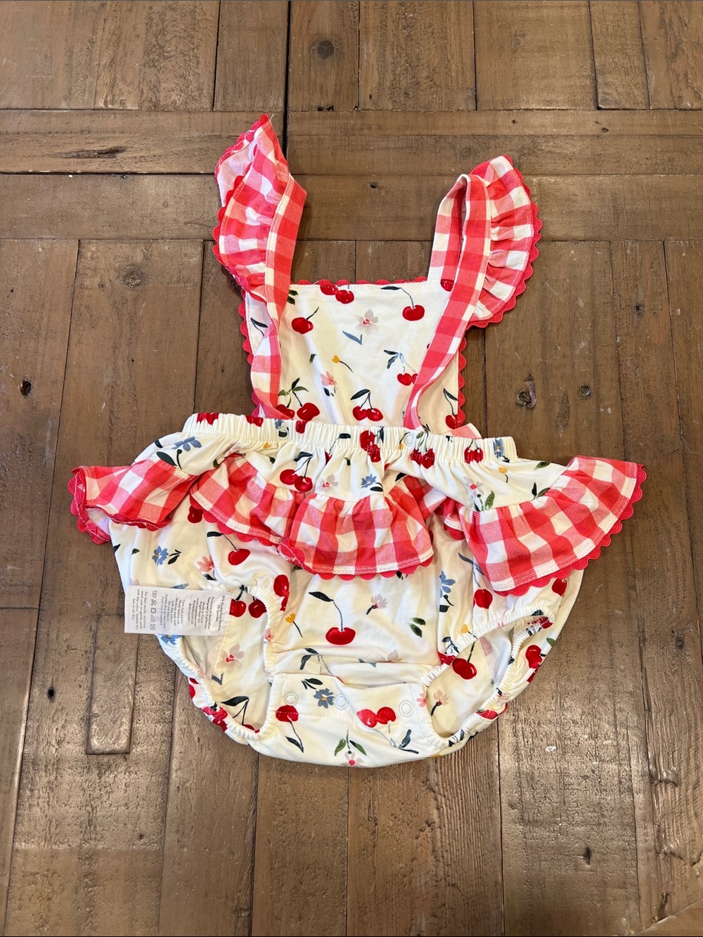 Angel dear bamboo cherry flower bubble romper 6-12 months plaid ruffles - Picture 3 of 6